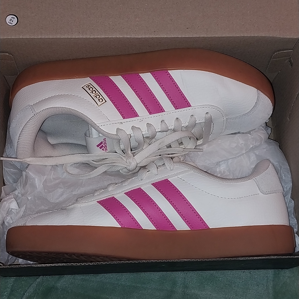 adidas Women's White Sneakers with Pink Stripes and Gum Sole